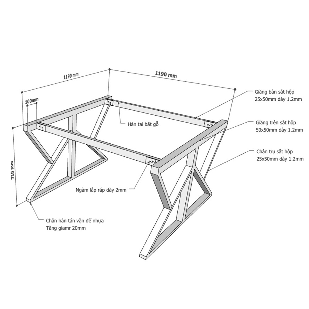 Chân bàn sắt hệ chữ K 120x120cm lắp ráp CSCK006 - Image 3